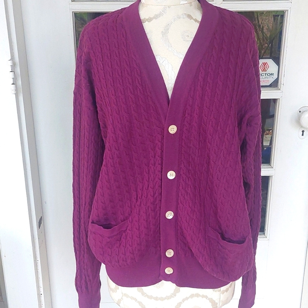 Bobby Jones 100% Italian wool purple cable knit buttoned cardigan size Med
